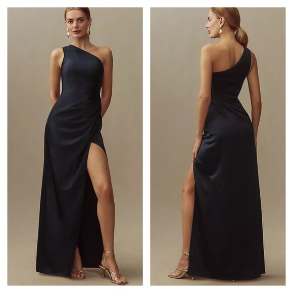 BHLDN Dress Scottie One Shoulder Navy Blue Evening Gown Slit Elegant Sz 8 Satin - Picture 1 of 13